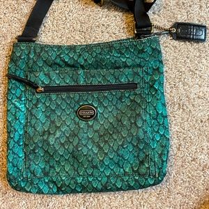 COACH Getaway File Bag Green Snake Reptile Print Nylon Crossbody Messenger 77481